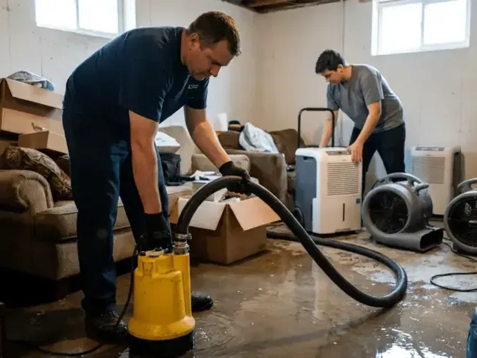 Crew extracting water from a room while dehumidifiers run